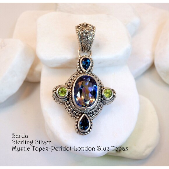SARDA Bali Signed Sterling Silver Mystic Topaz-Peridot-London Topaz Pendant - Picture 6 of 12